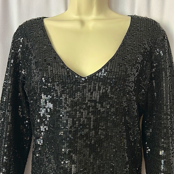 Oscar de la Renta Sexy Black Sequins Deep V-Neck Long Sleeve Shirt Top **Sz S** - Picture 3 of 4